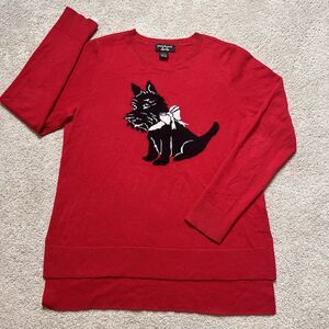 Peck & Peck 100% Cashmere Scottie Dog Sweater Womens Large Crew Neck Red 2 Ply